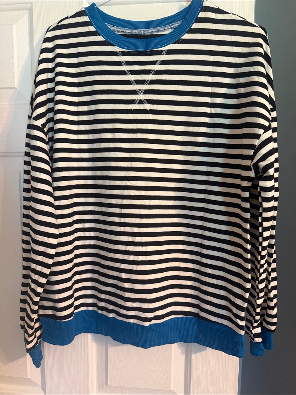 Striped Black & White Sweater with Blue Trim
